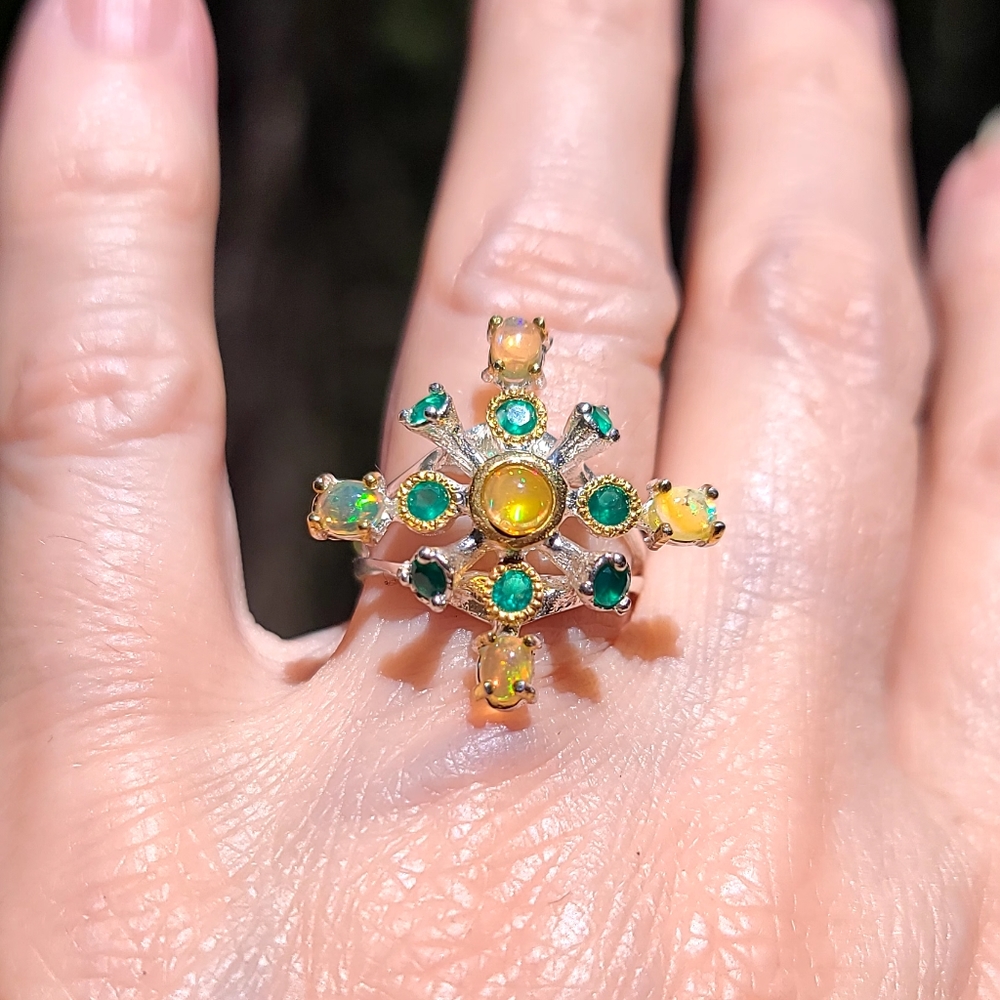 Fire Opal & Green Onyx sterling Queens Ring sz6.5 - Picture 7 of 8